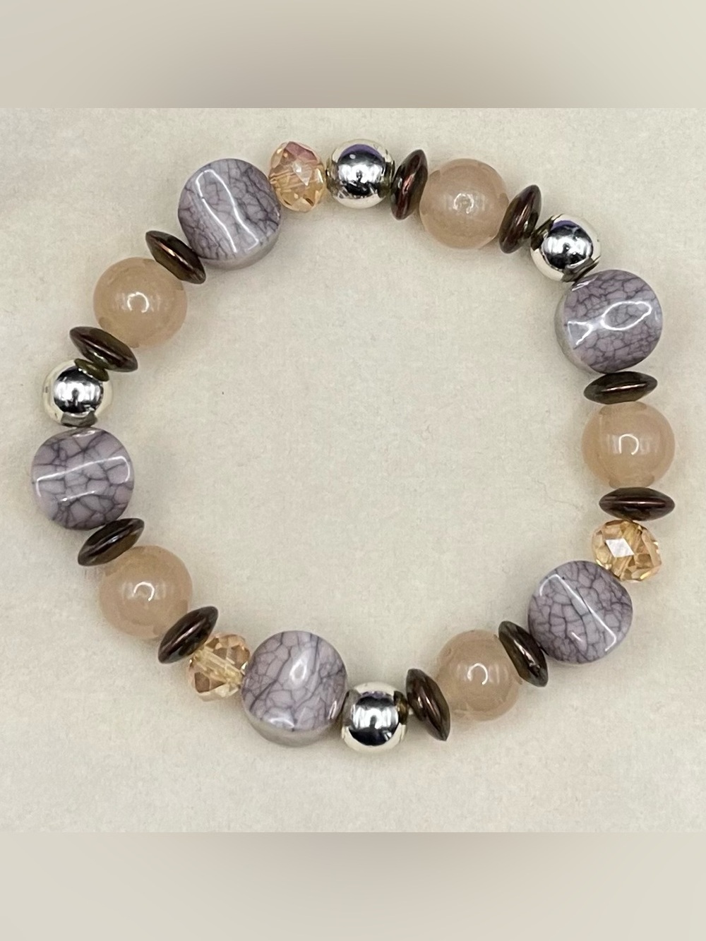 Boho Chic Earthy Beaded Stretch Bracelet Gray Jasper & Peach Stones